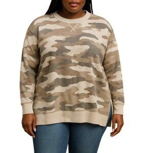 H&M Size Large Sweatshirt Womens Camo Print Top Crewneck Relaxed Fit Side Slits